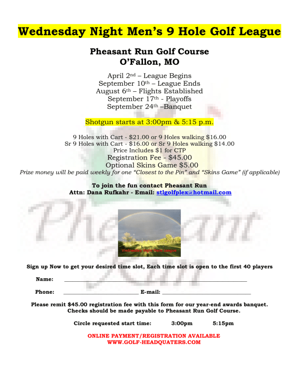 Wednesday Night Men’s 9 Hole Golf League