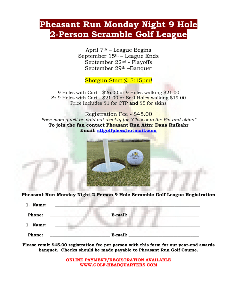 Pheasant Run Monday Night 9 Hole 2-Person Scramble Golf League